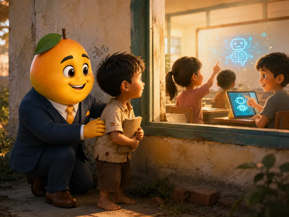 Em nhỏ đứng bên ngoài nhìn các bạn học AI qua cửa sổ